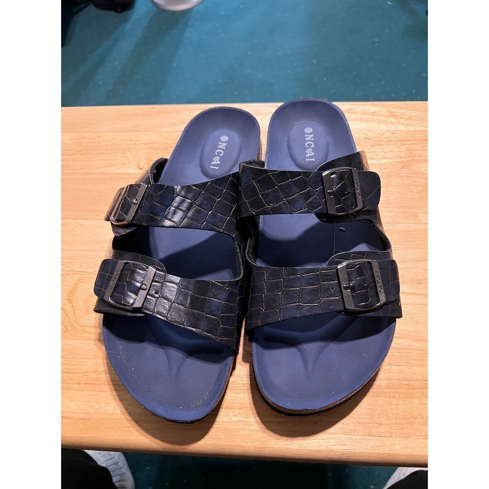 NCAI Men's Double Buckle Sandals Croc Pattern Navy Blue Comfort Slides Size 45